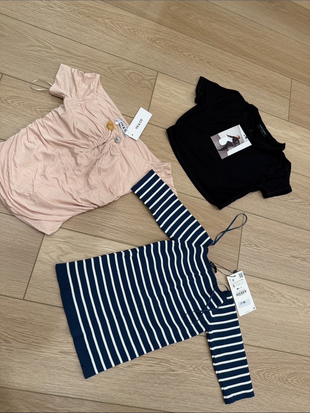 Zara Navy & White Striped Knit Dress + Black Tee + Blush Pink Top - Kids